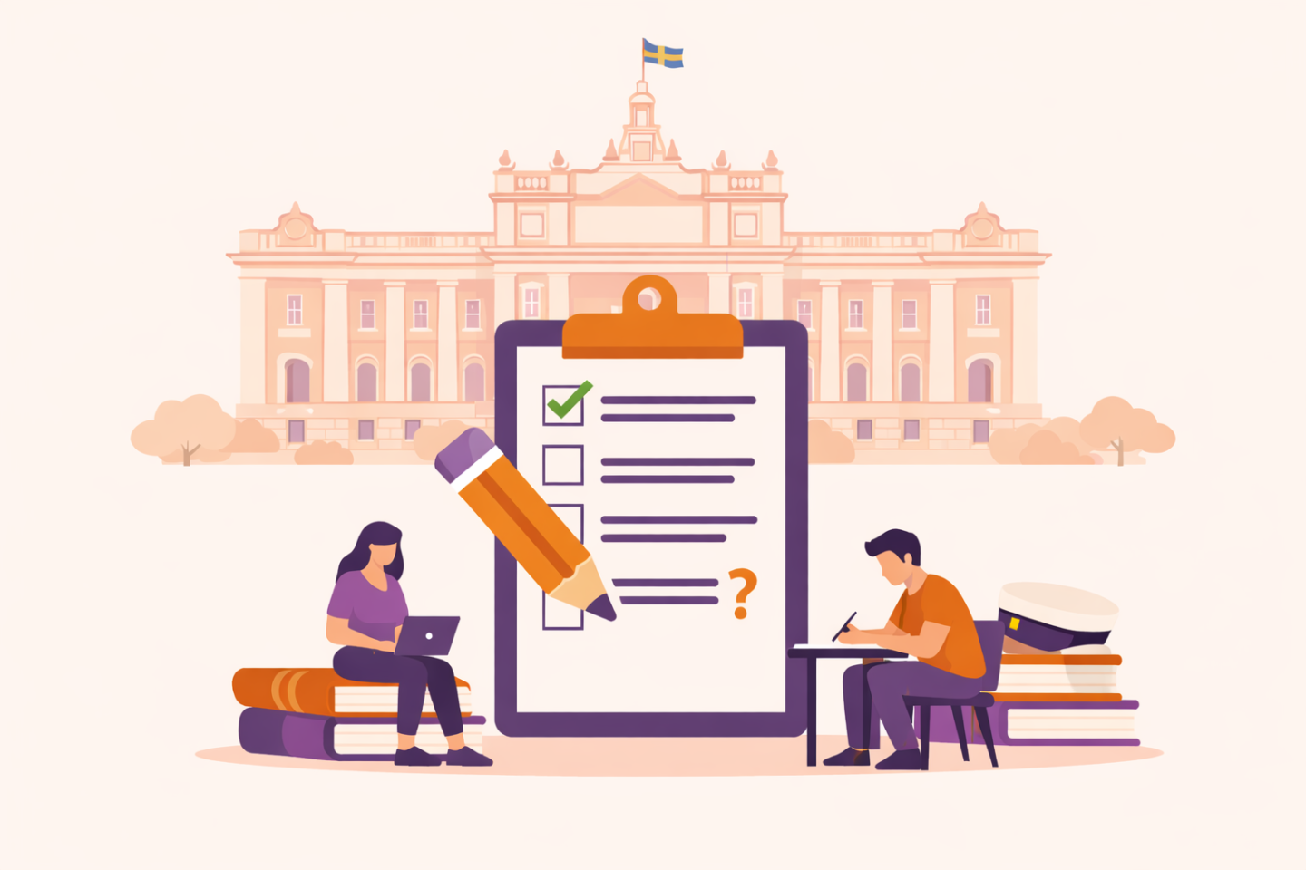 Två studenter sitter framför en enorm checklista. I bakgrunden syns riksdagshuset.